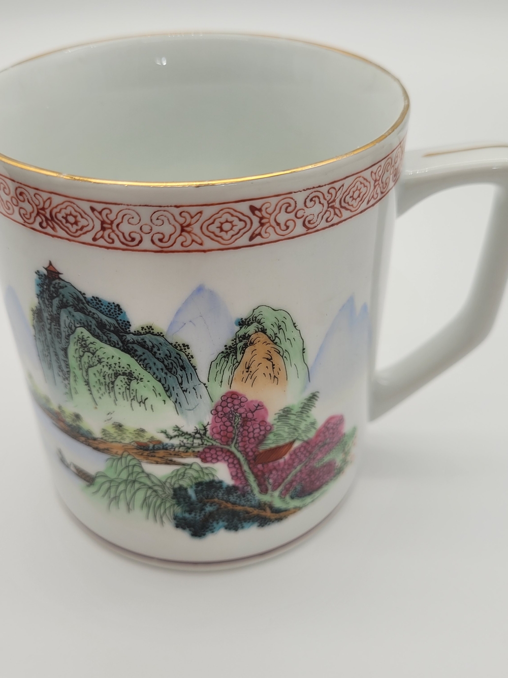 Porcelain Scenic Landscape Mug with Gold Trim - White Hand Painted